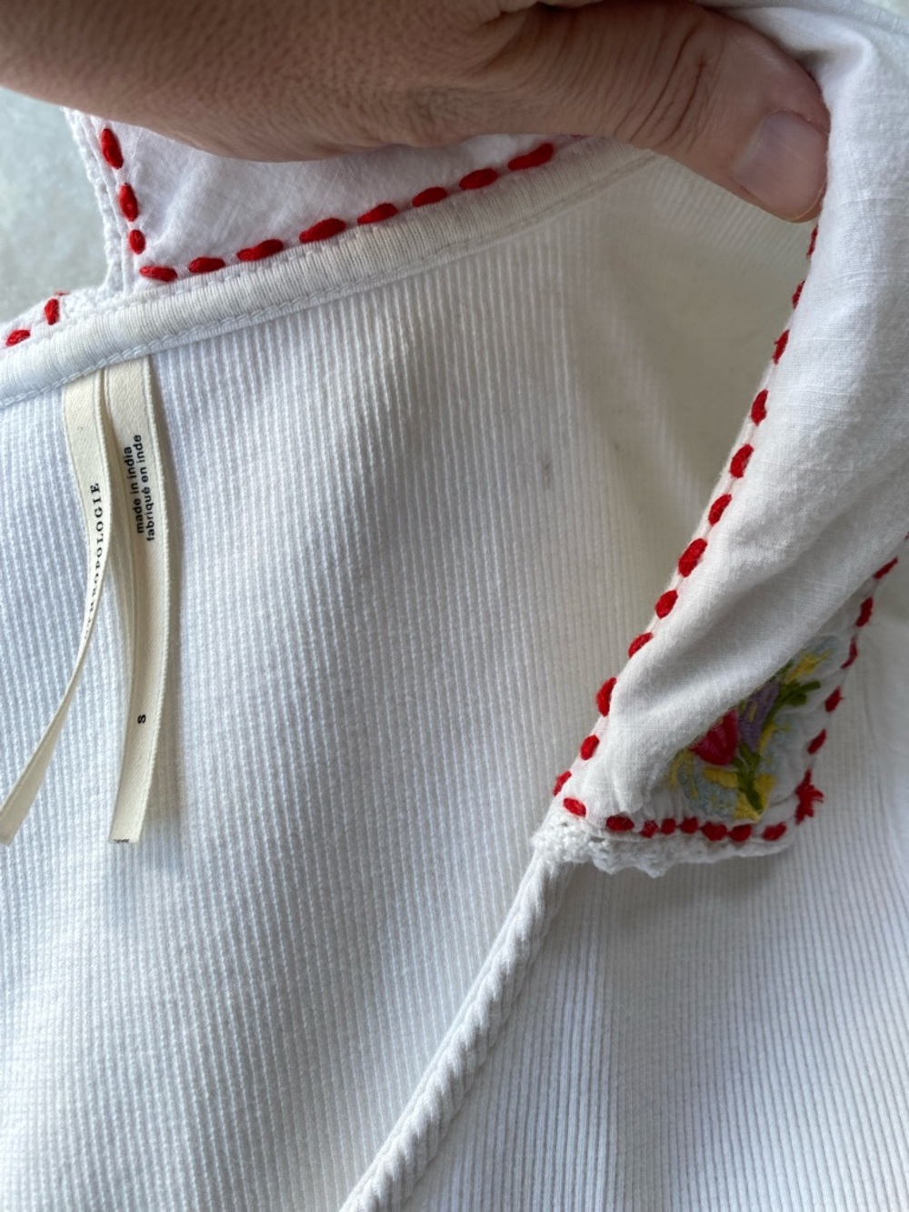 Anthropologie Embroidered Peter Pan Collar Ribbed Puff Sleeve Top S Cottagecore - Picture 12 of 14